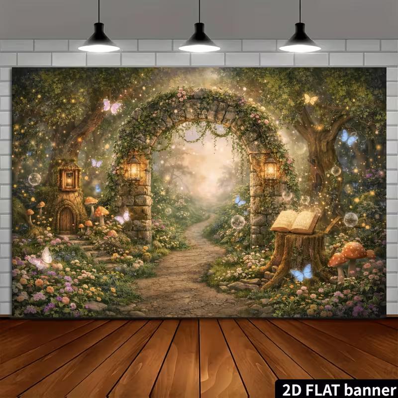 2D Whimsical Butterfly Forest Backdrop Photography Background