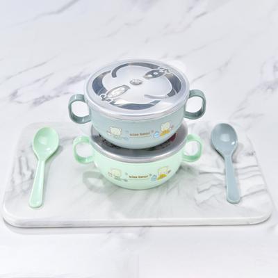 Kids Training Bowl Fall Resistance High Temperature Resistant with Lid Easy To Clean Dual Handles Dustproof Stainless Steel Cartoon Kids Bowl Toddlers
