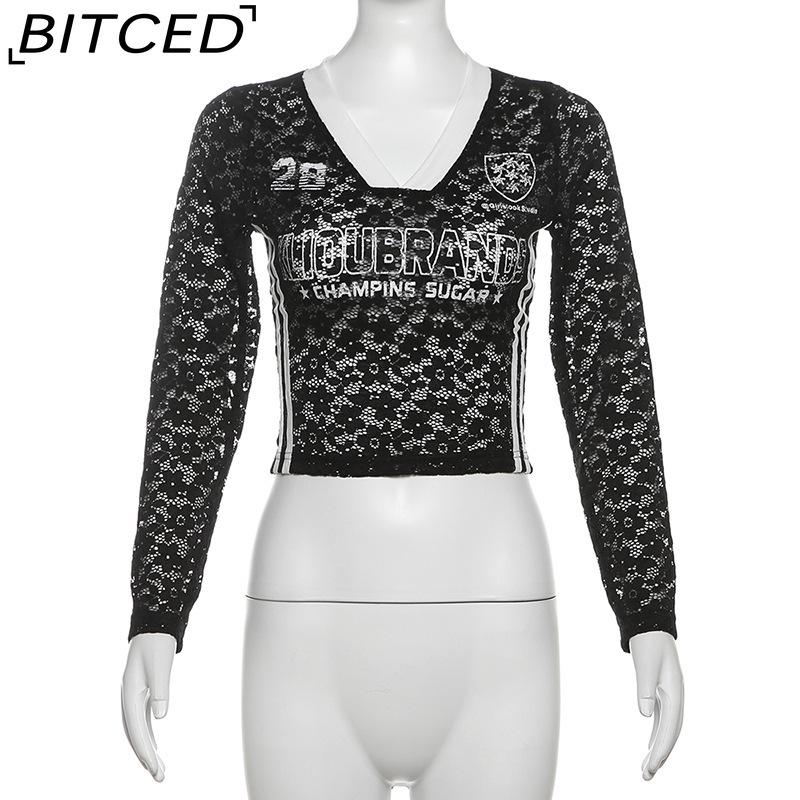 BITCED Autumn Women's Solid-Colour Slim-Fit Cropped V-Neck Long-Sleeved Printed Top