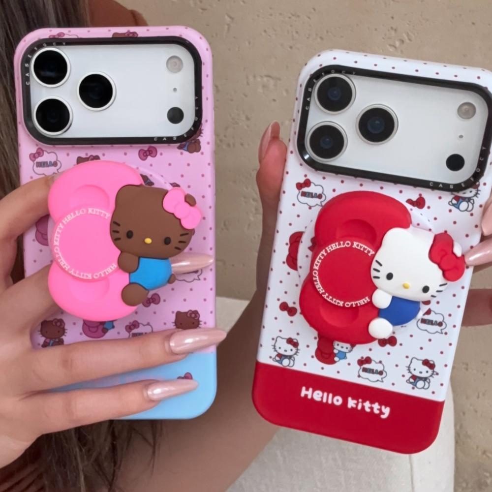 Fashion Cute KT Holding Bow Tie Phone Case For iPhone 17 16 Pro 15 14 Pro Max Cover with Stand Shockproof Protective Cases