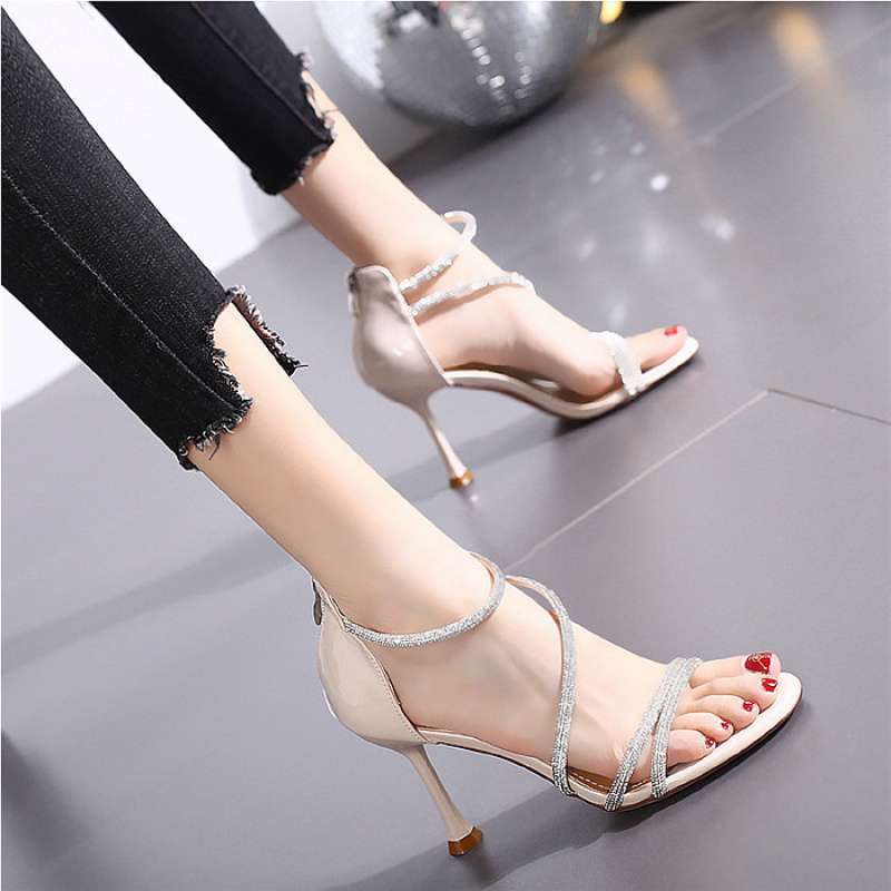 2025 New High-heeled Sandals Women's Summer Fashion Wear Versatile Rear Zipper Rhinestone Open-toed Roman Sandals Women's Stiletto