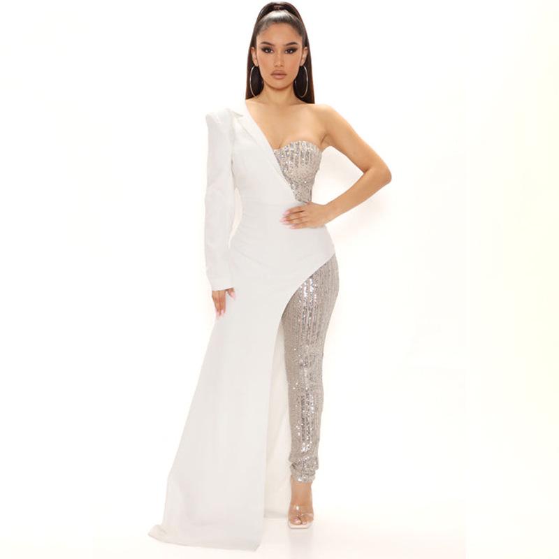 2025 One-Shoulder Silver Splicing Sequin Jumpsuit for Women - European & American Fashion
