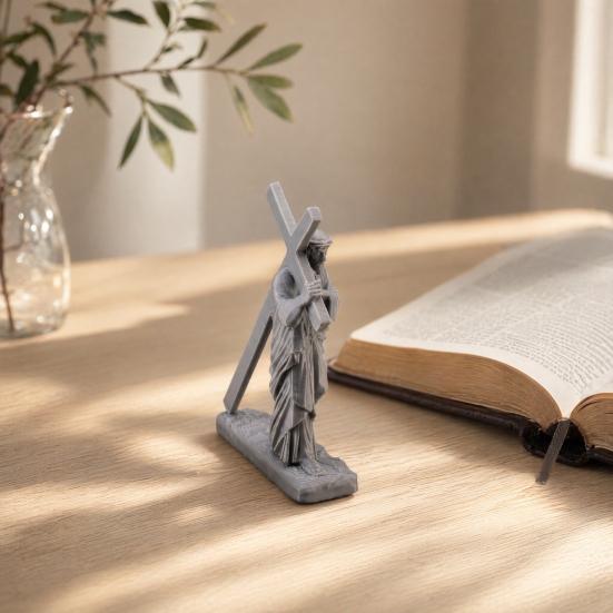 3D Printed Religious Cross Man Ornaments, Compact Imitation Stone Man Carrying Cross Figurine, Decorative Christian Statue for Home Desk And Bedside