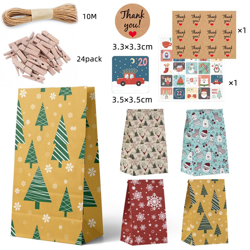 24pcs Christmas Kraft Holiday Gift Paper Packaging Candy Apple Bags Gifts Tote Bags Set Party Decoration Supplies