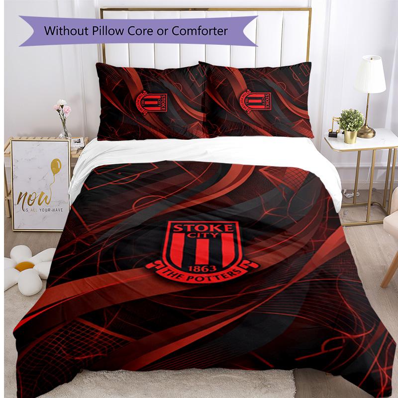 Stoke City Football Printed 3 Pieces Bedding Set, Comfortable Skin Friendly Bedroom Duvet Cover Set
