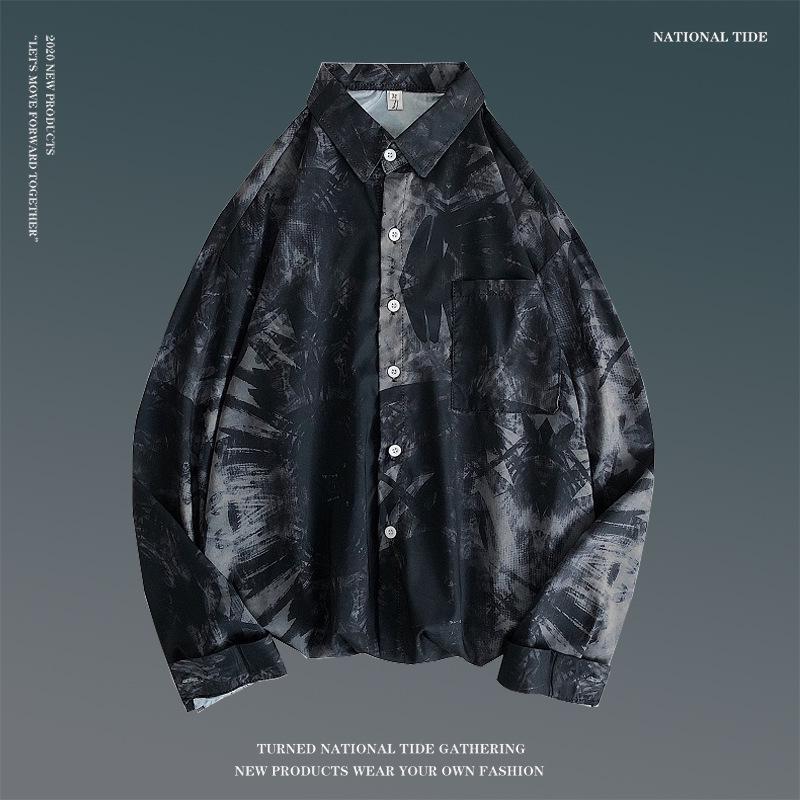 Men's Spring Retro Floral Long Sleeve Shirt - Korean Style, Trendy, Versatile, Loose Fit, Hong Kong Couple Style Top.