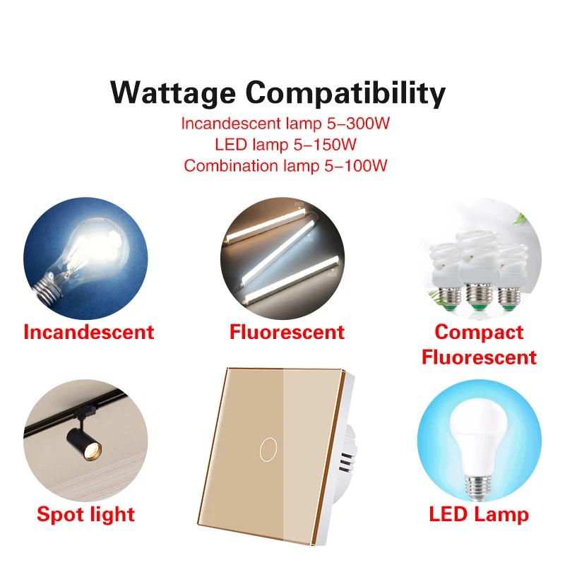 Panel podświetlany Włącznik dotykowy AC100-240V LED Hartowane Szkło Kryształowe Oświetlenie ścienne Przełączniki sensoryczne 1/2/3-krotny Interruttore