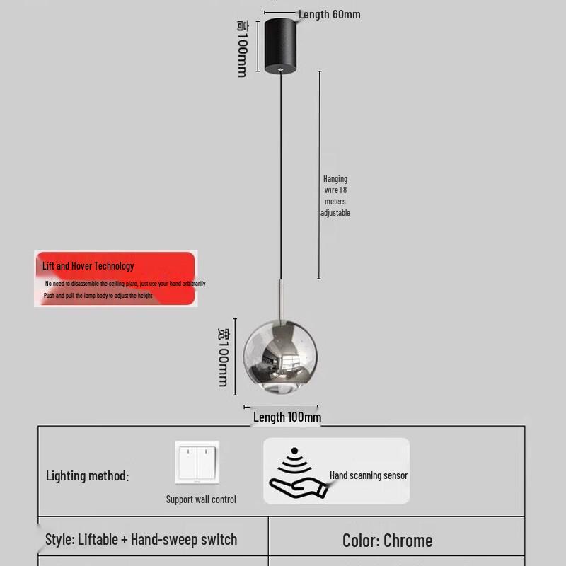 

Adjustable Bedside Pendant Lamp with Hand-Sweep Sensor Switch