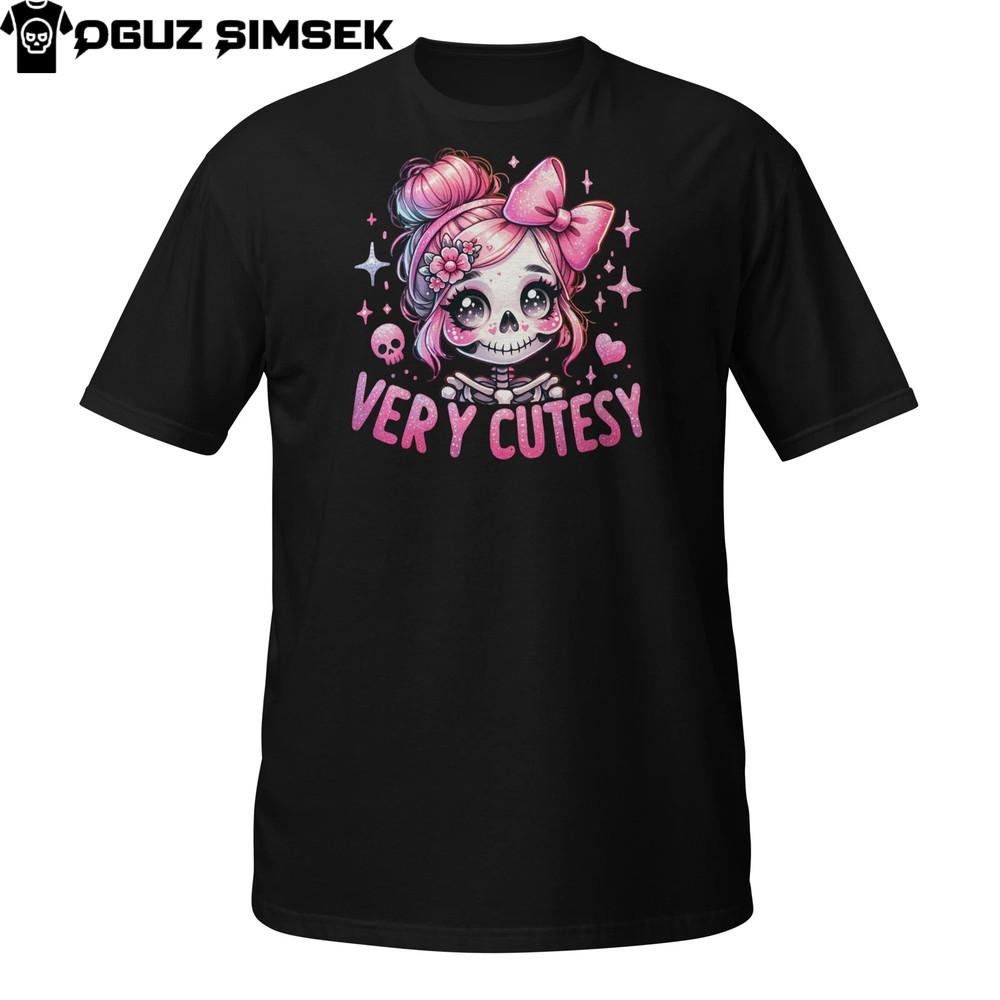 

Very Cutesy Pink Skeleton Girl T-Shirt | Kawaii Goth Cute Skull Messy Bun Heart S