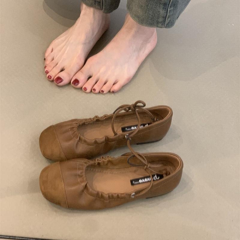 

Версия в горошек~ Ретро плиссированные туфли Мэри Джейн на плоской подошве со шнуровкой, туфли-лодочки с мелким вырезом, женские туфли-балетки с круглым носком на одной педали 40 верблюд