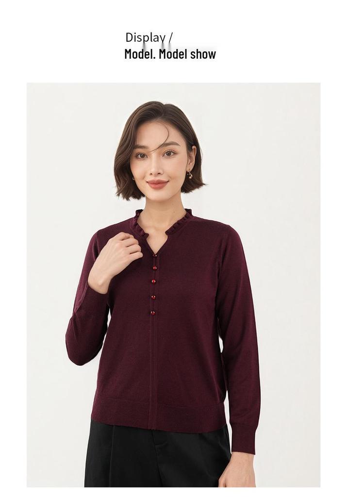 Autumn/Winter Women's 100% Pure Wool Ruffled Collar Sweater in Chinese Style - Little Chicken Yellow Base Layer