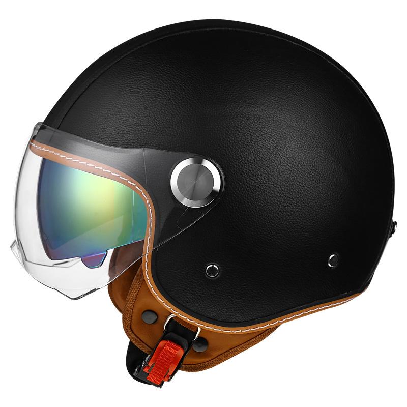 Double Striation Double Visor Leather Jet Helmets Daul Lens DOT Retro Open Face Motorcycle Helmets Double Visor Racing Helmet
