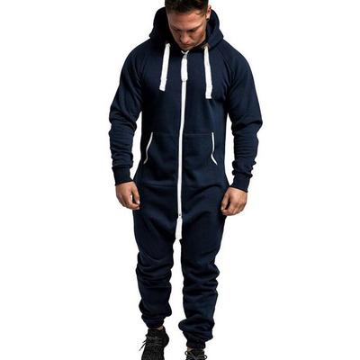 Herren Fleece Kapuzen-Jumpsuits mit Taschen Kontrastfarbe Langarm Reißverschluss Overalls Trainingsanzüge