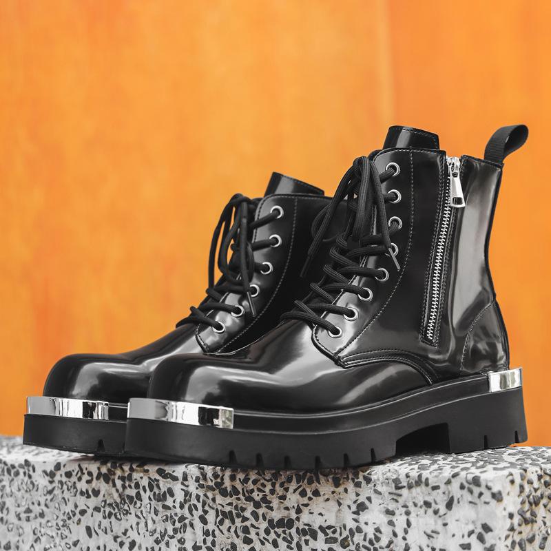 Mens Fashion Stage Nightclub Dress High Motorcycle Boots Black Trendy Patent Leather Shoes Cowboy Platform Boot Knight Botas Man