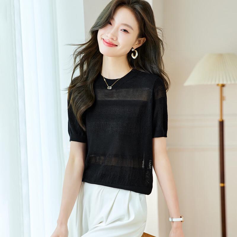 Women s 100% Mulberry Silk Hollow Knit Short Sleeve T-Shirt M