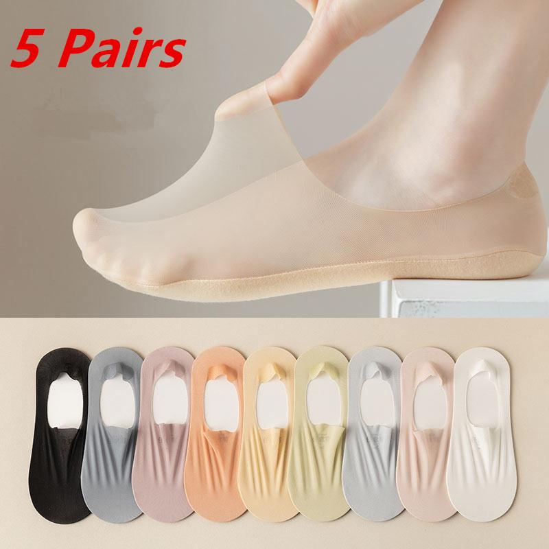 

5 Pairs/Lot Short Socks Women s Summer Ultra-thin Invisible Low Cut Silicone Anti-slip Mesh No Show Ice Silk Solid Boat Socks One Size