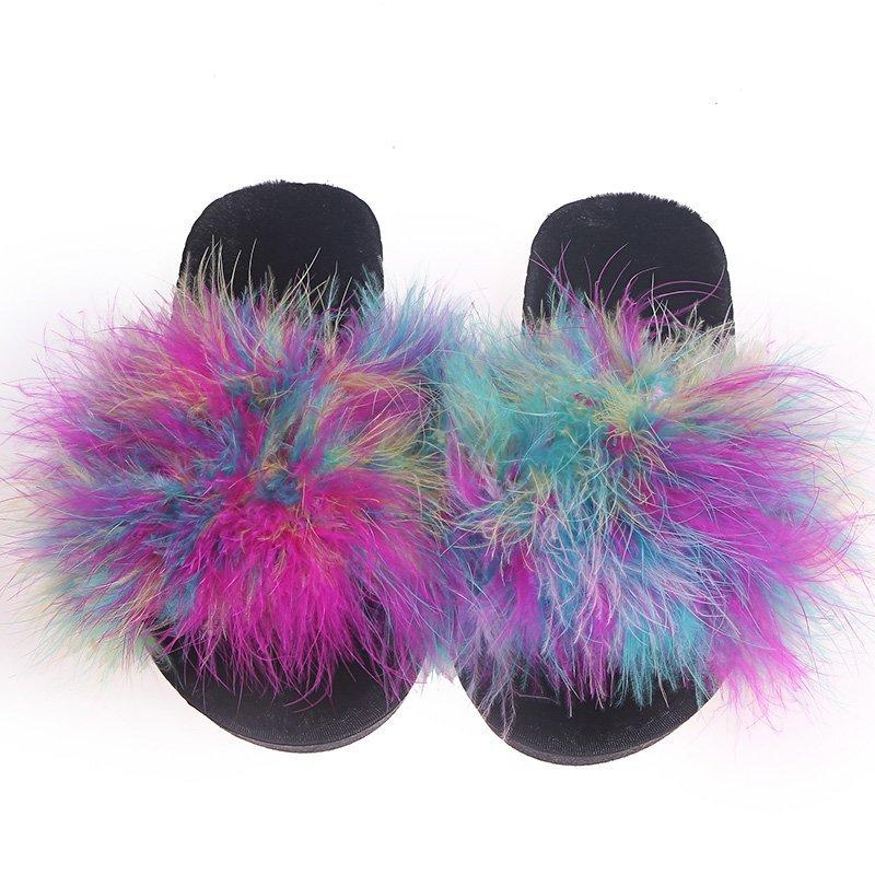 Fashion Mix Color Faux Fur Cotton Slippers for Women Fashion Open Toe Flats Slippers Woman Indoor Lightweight Non Slip Plush Slides Lady