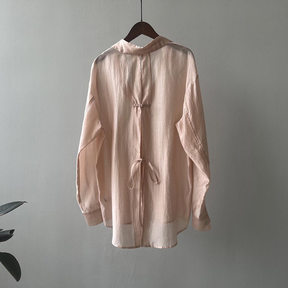 Disc Buckle Split Lace Sunscreen Shirt on The Back, Lightweight Silk Top