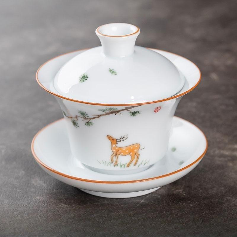 150ml Ceramic Hand-painted Tea Cup Non Hot White Porcelain Sancai Tea Bowl Underglaze Color Covered Bowl Drinking Utensils 150ml