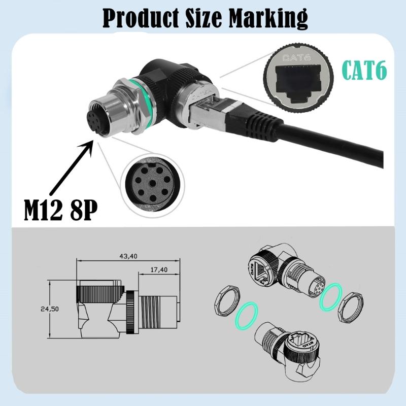Industrial Ethernet Adapter 12mm 8Pin/4Pin to RJ45 Connectors Adapter Cat6 High Speed 10Gbps IP68 Waterproof Design