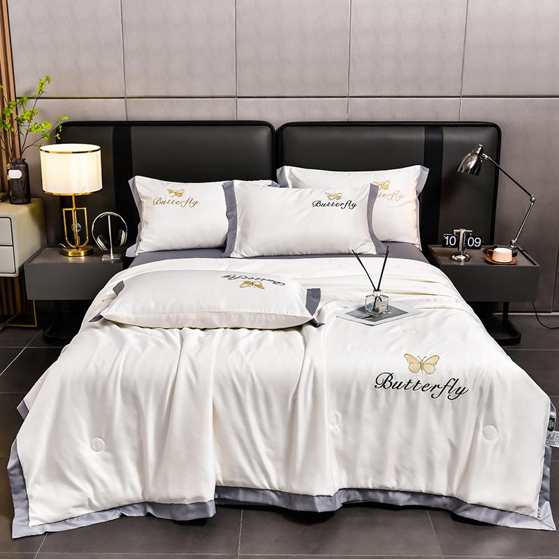 New Washed Ice Silk Embroidered Summer Quilt Four-Piece Summer Quilt Simple Solid Color Air Conditioning Quilt Summer Cool Quilt