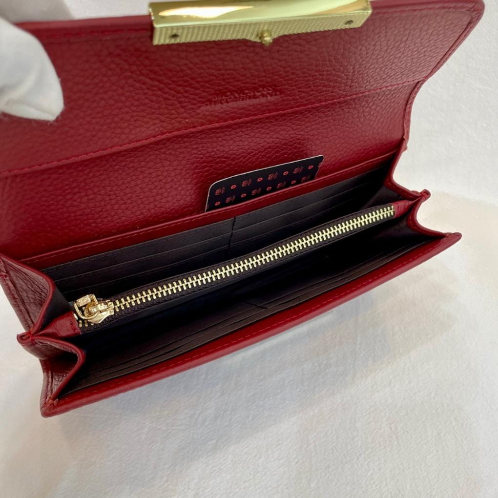 Women's Natural Cowhide Leather Double-Fold Long Wallet - AW9159 Red