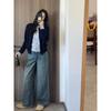Single-breasted coat top women's spring and autumn contrasting color long-sleeved sweater front shoulder fake two-piece knitted cardigan
