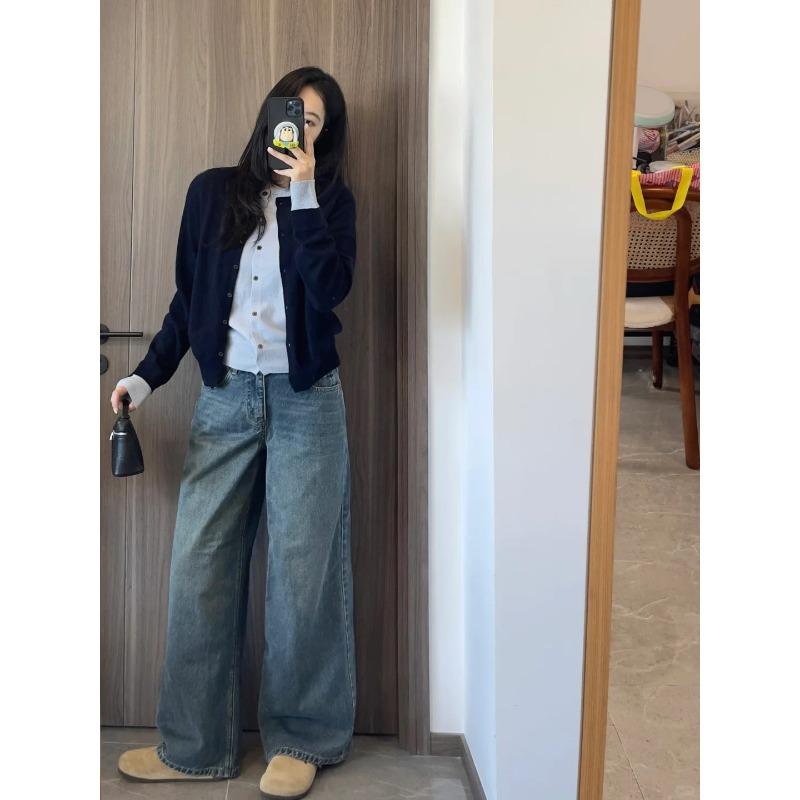Single-breasted coat top women's spring and autumn contrasting color long-sleeved sweater front shoulder fake two-piece knitted cardigan