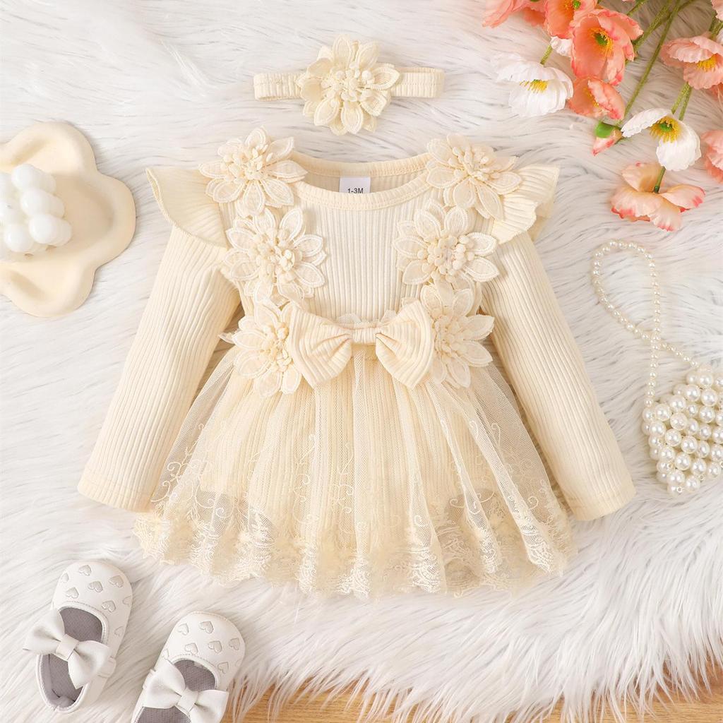 3D Flower Summer Baby Girls Romper Princess Mesh Newborn Clothes Lace Patchwork Ruffle Bodysuit Dress Headband Kids Clothing