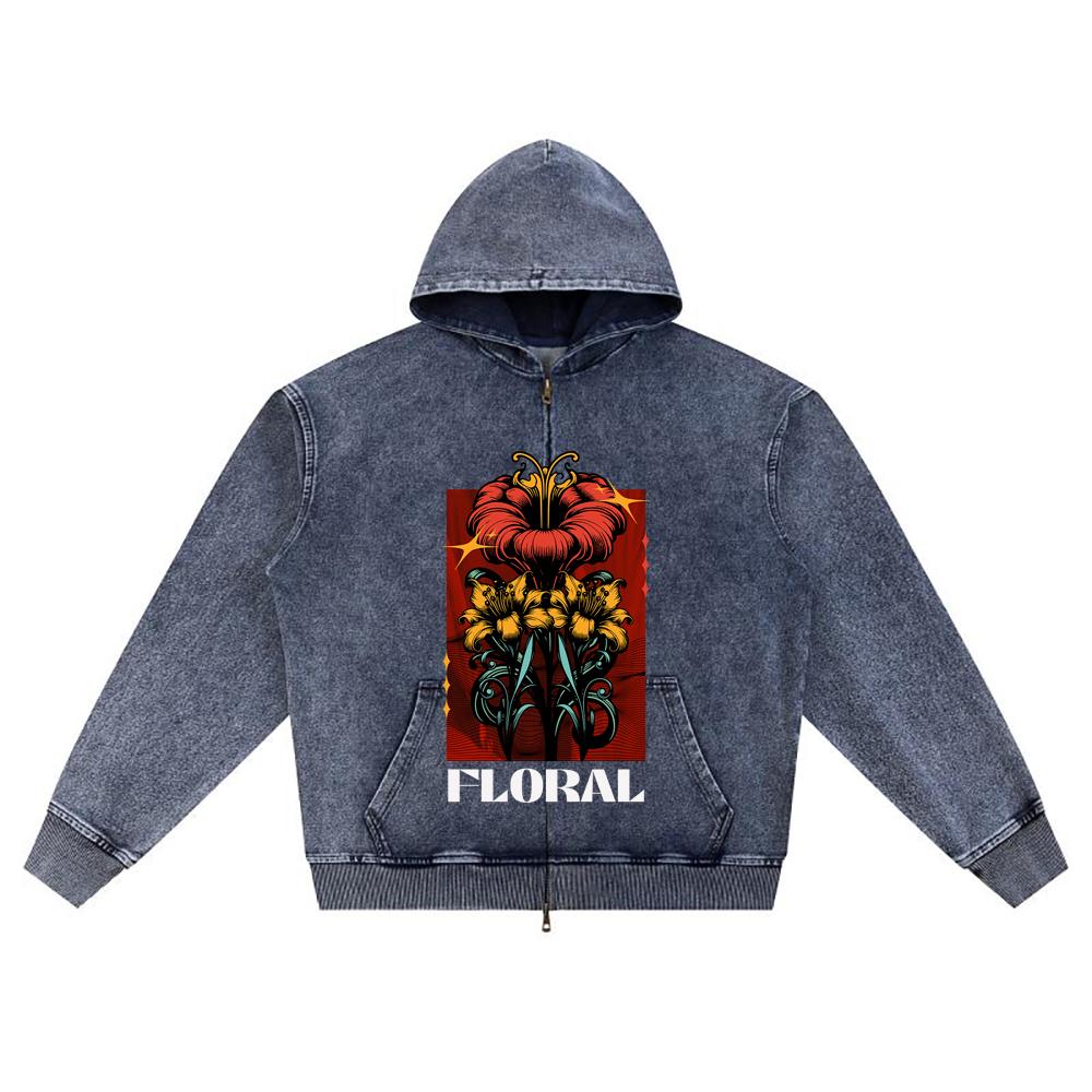 DTG Print Knitted Denim Zip-Up Hoodie Floral Brother Print Zipper Hoodies
