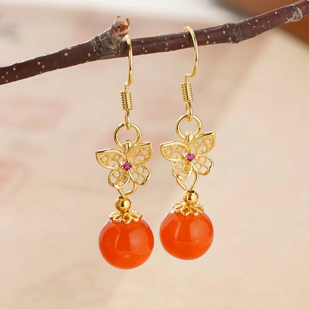 PANJBJ 925 Sterling Silver Red Agate Earrings For Women Circular Retro Ethnic Cloud Versatile Jewelry Birthday Gift Dropshipping