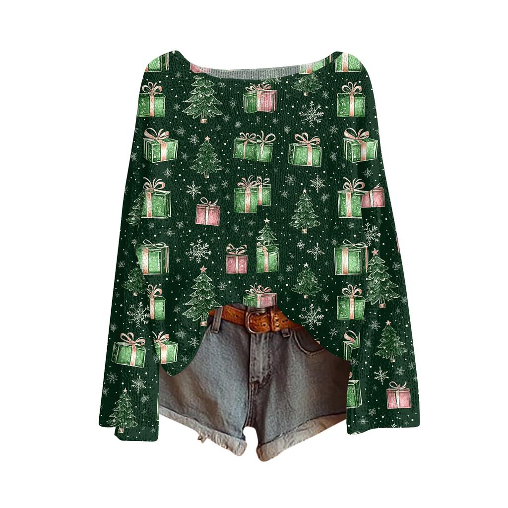 Women's Fashion Christmas Print Lightweight Sweater Casual Long-Sleeve Knit Pullover Top