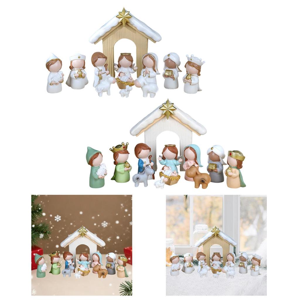 12Pcs Cartoon Holy Family Nativity Scene Set Holiday Decor Resin Craft