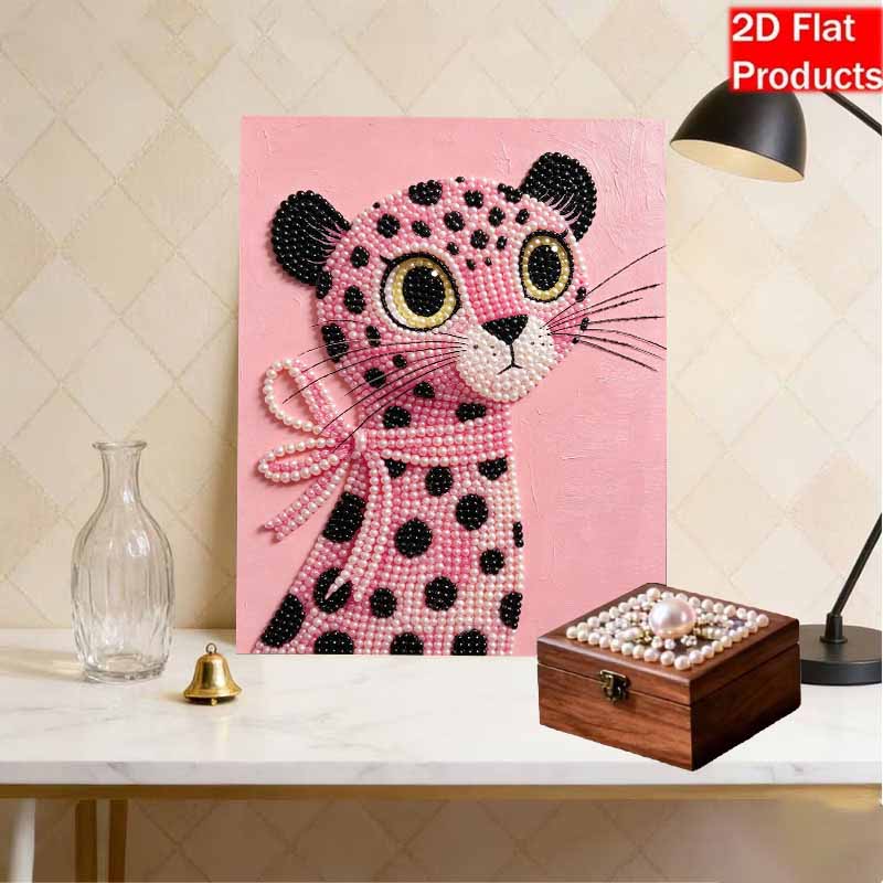 DIY Frameless Pearl Art Painting Kit Pink Leopard With Bow Knot 3D Sparkling Bead Canvas Gift for Craft Lovers Home Wall Decor Art Project