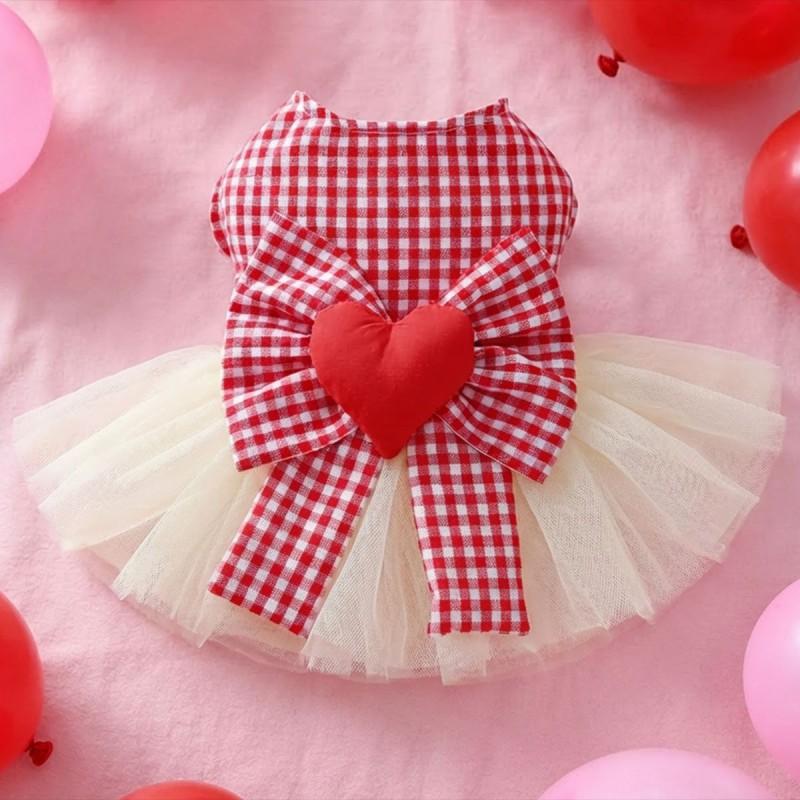 PETCIRCLE Valentines Day Pet Dress Red White Plaid Princess Tulle Skirt Cats Dogs