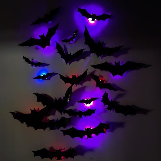 LED Wall Lamp Halloween Stickers, Glow-in-the-Dark Bat & Spider Decorations, Battery-Powered Hanging Ornaments Decor for Haunted House Party,