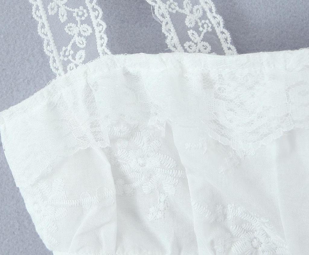 Women's Spring White Lace Cami Top & Ruffle Trim Embroidered Skirt Set