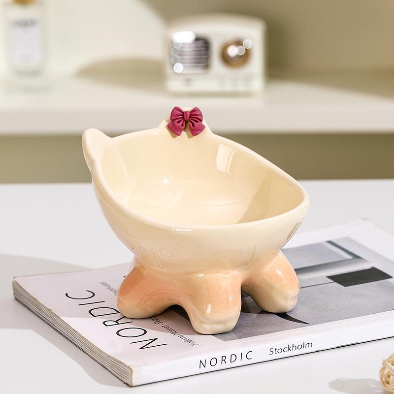 Bevel Ceramic Cat Food Bowl Cute Pets Drinkers for Cats Protect Neck High Feet Dog Bowl Anti-Flip Slow Feeding Bowl Pet Supplies