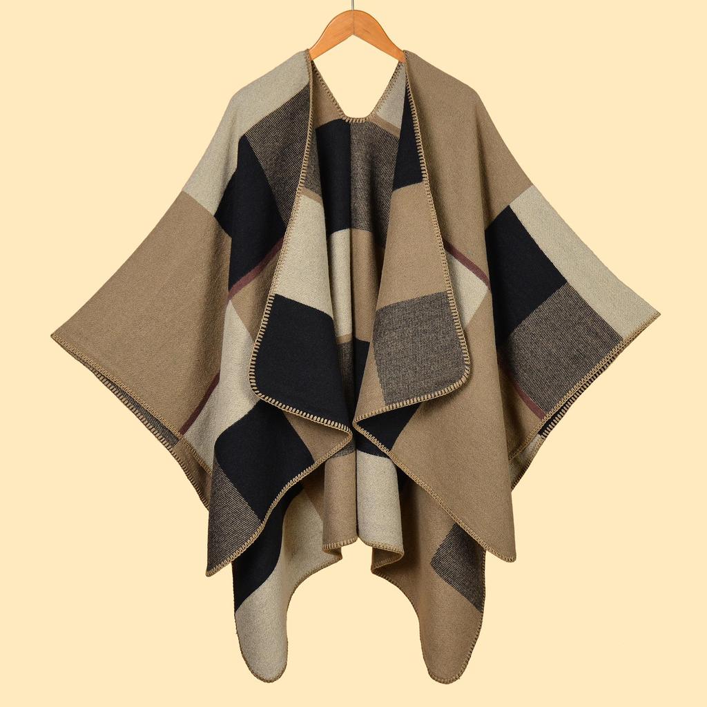 Versatile Plaid Women's Faux Cashmere Shawl: Ethnic Style Slit Cape for Autumn/Winter