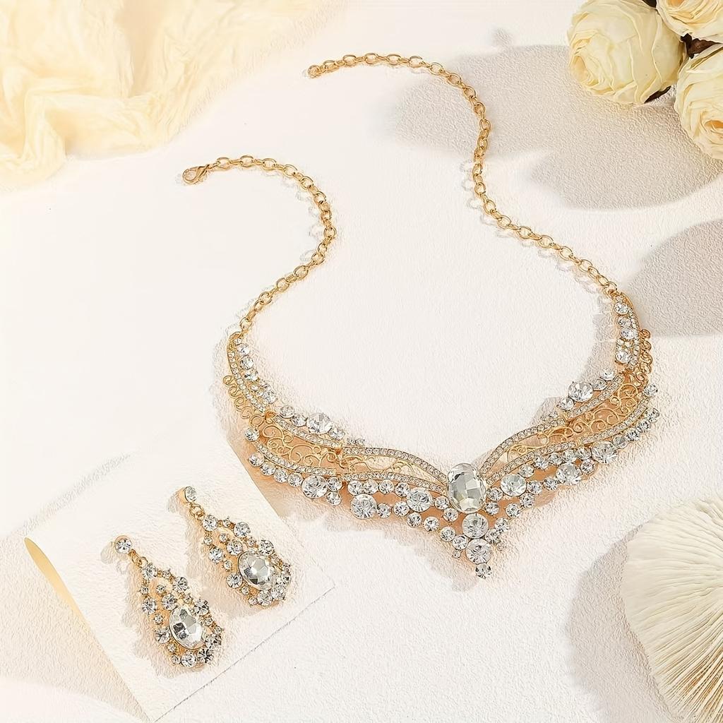 Ensemble Collier et Boucles d'Oreilles Élégant d'Inspiration Vintage, Strass, Bijoux de Mode Polyvalents pour le Quotidien et les Occasions Spéciales