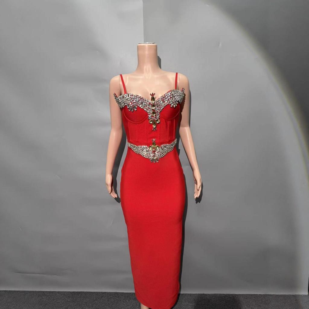 Elegant Beaded Strappy Slit Bandage Evening Gown