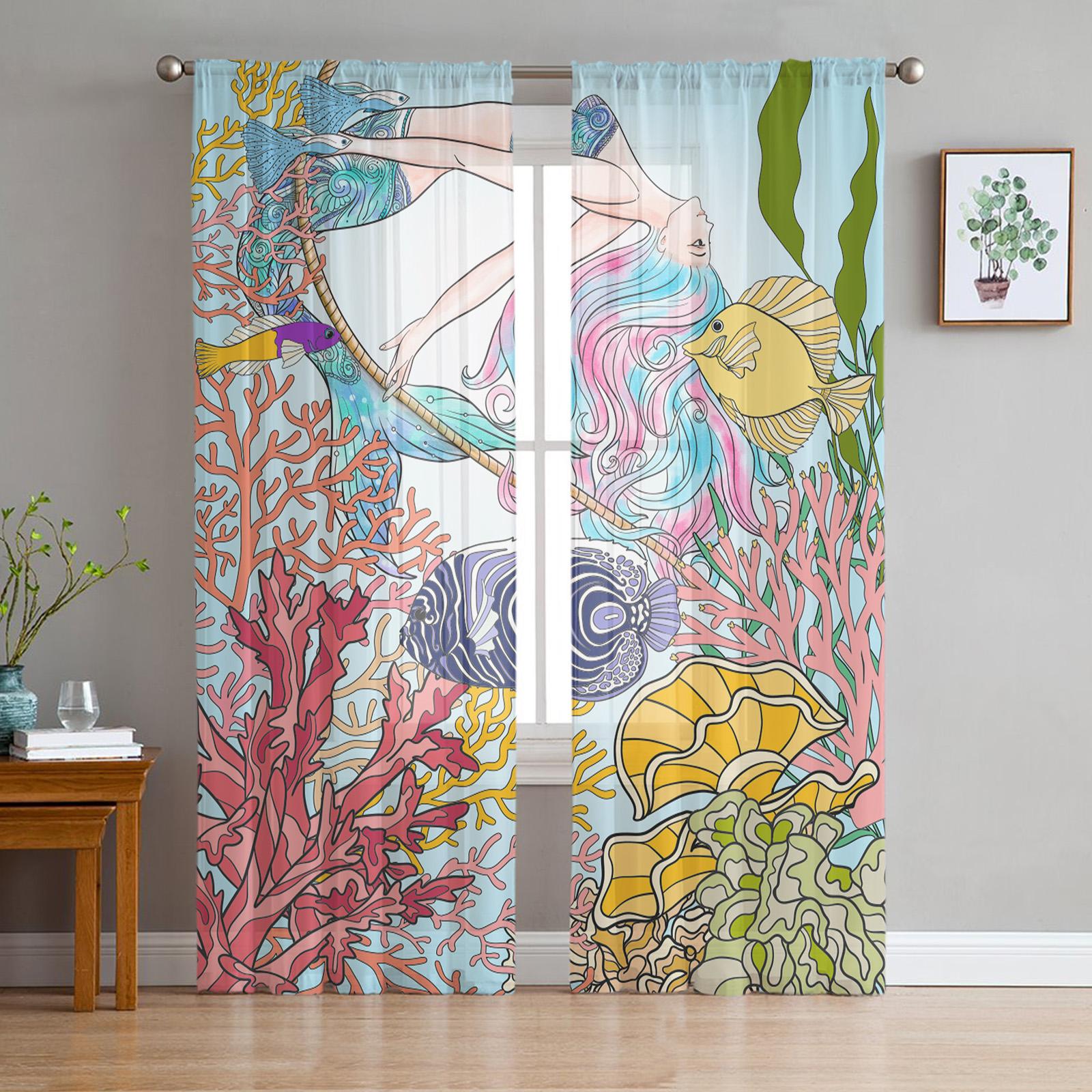 

Mermaid Scales Ocean Rainbow Chiffon Curtains Living Room Bedroom Home Decoration Window Voiles Tulle Curtain Sheer Made Of Polyester Area Decor W100*H130(CM)-Rod Pocket&2PCS