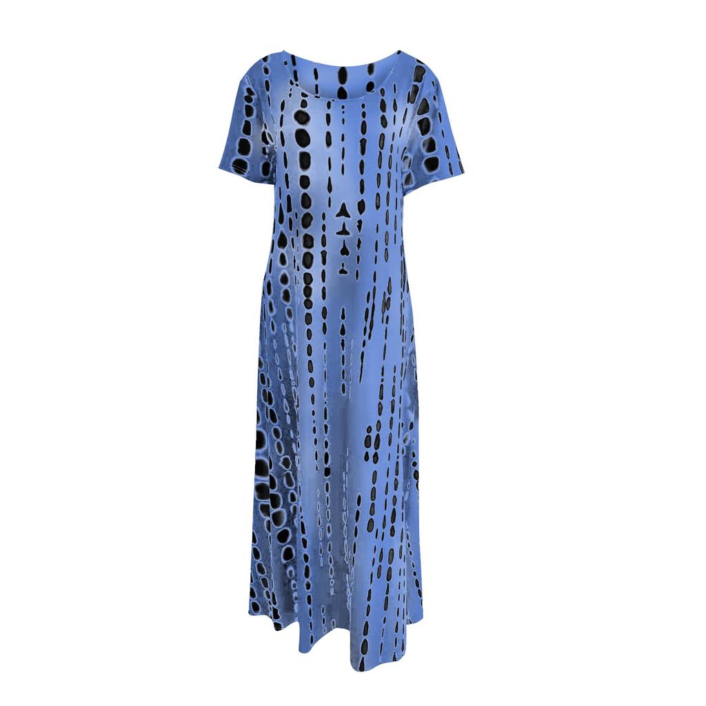 Women's Casual Loose Round Neck Short Sleeve Tie- Printed Long Hem Dress