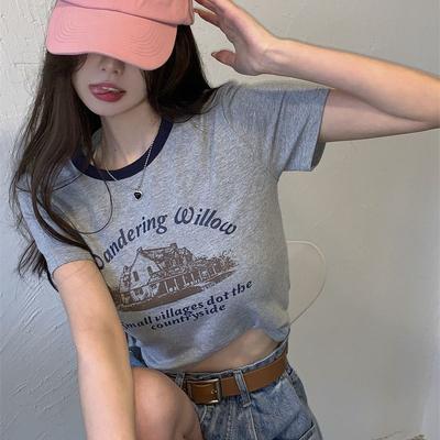 Retro Bedrucktes Kurzarm-T-Shirt für Damen Kontrastfarbig Rundhals Basic-Shirt Sommer Hot Girl Kurzes Studenten-Top