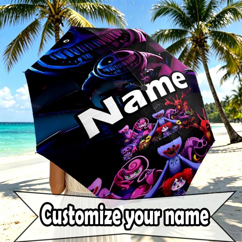 Custom Name Personalized Poppy Playtime Print Umbrella, Auto Open Close, 8‑Rib Sturdy Frame, Commute Camping Hiking Use, Birthday Gift
