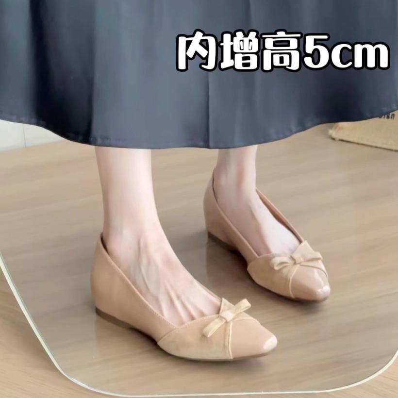 

Внутреннее увеличение высоты 5 см нюдовый бант лакированная кожа одинарная обувь женственность одна педаль обувь для通勤 мягкая подошва Мэри Джейн женская обувь 35