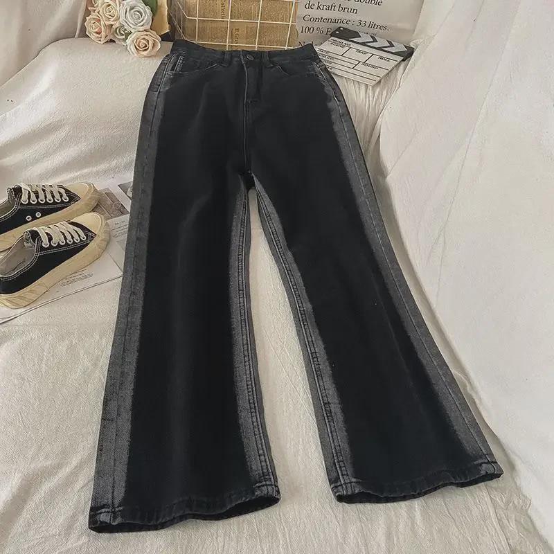 Women's Contrast Wide-Leg High-Waist Warm Jeans - Autumn/Winter Style with Velvet Lining and Slim Fit