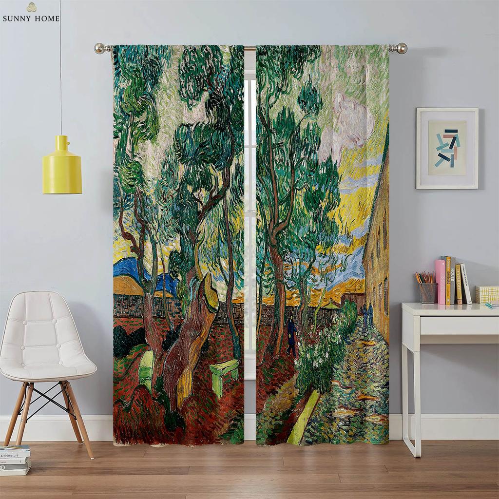 Floral Landscape Oil Painting Printed Curtains Machine Washable Rod Pocket Bedroom Living Room Kitchen Decorative Curtains 2PCS