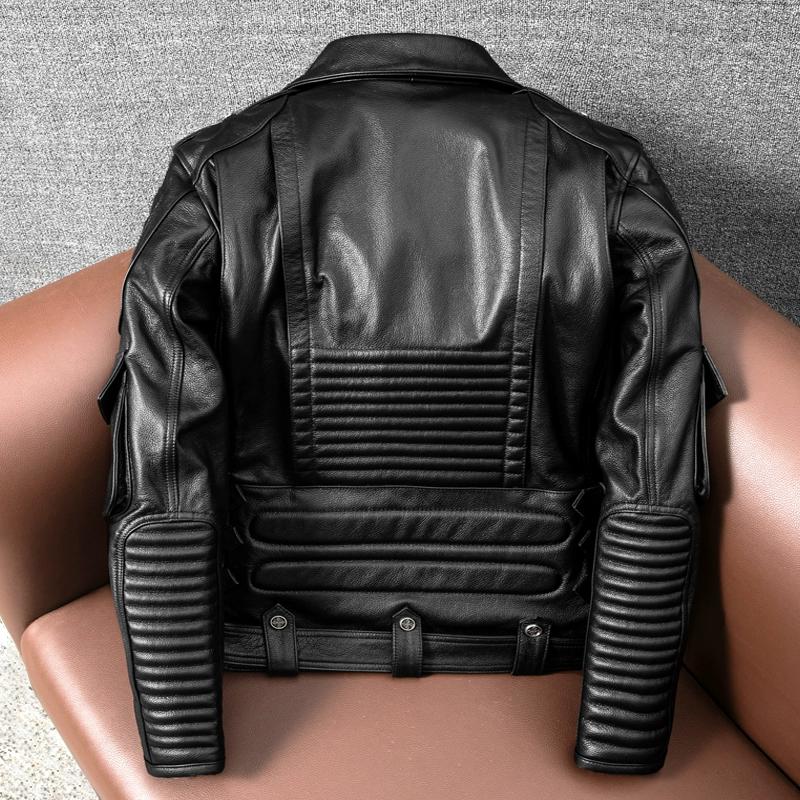 Genuine Cowhide Leather Jacket for Men Motorcycle Biker Coat with Detachable Liner and Armor Pockets