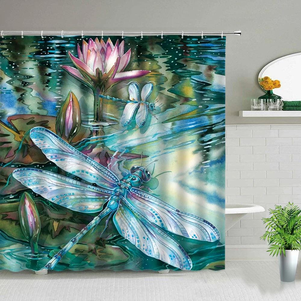 Flower And Dragonfly Scenery Shower Curtains Peacocks Sailboat Sunflower Ocean Oil Painting Landscape Waterproof Cloth Curtain